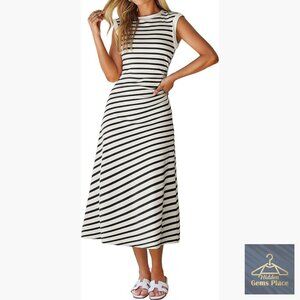 Soft Stretch Midi Dress A-Line Cap Sleeve Casual Summer Work Beach